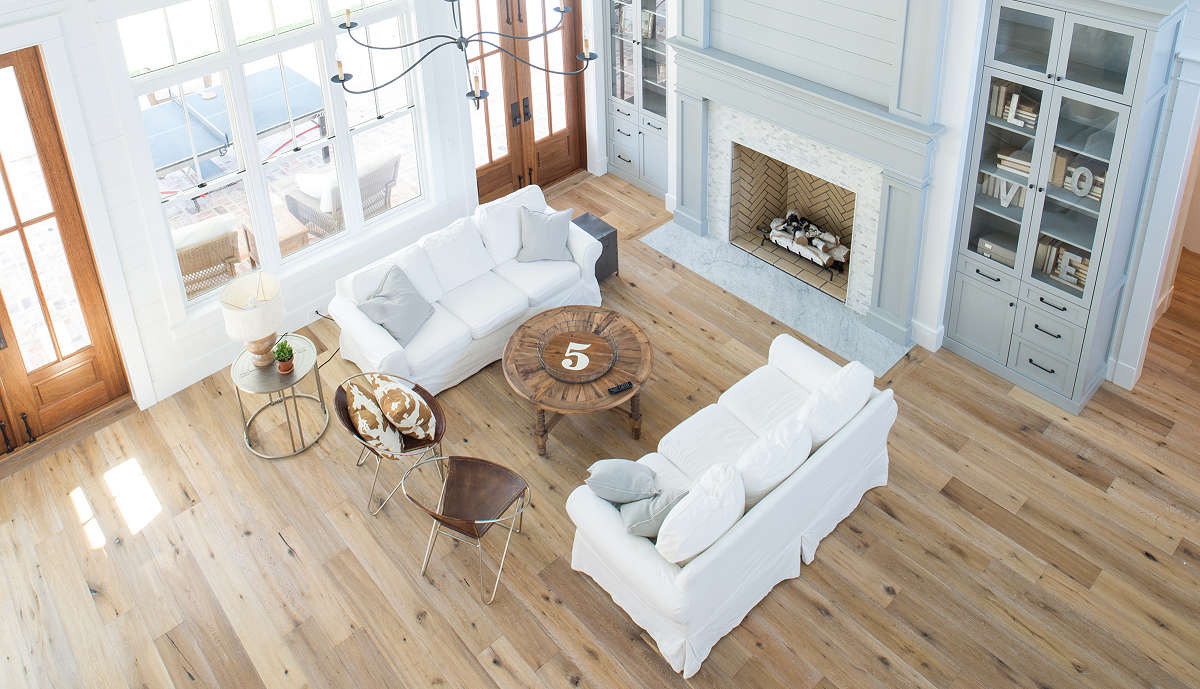 Living Room with painted Tongue & Groove wood paneling custom milled to shiplap look